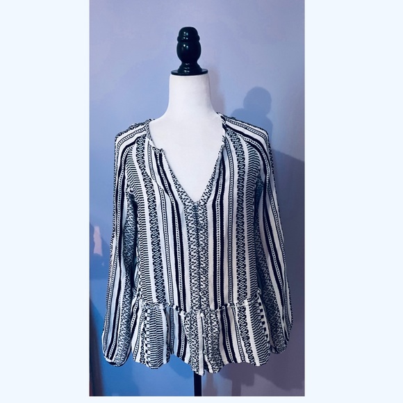 Anthropologie Keep in Touch Top White Black Geometric Stripe Peasant Blouse - Picture 3 of 5